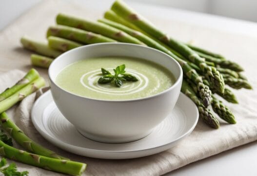 En lækker skål aspargessuppe med friske grønne asparges og fløde, præsenteret elegant i en moderne stil.